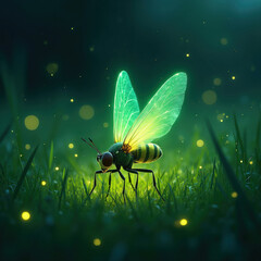 Naklejka premium Small bug with glowing green wings rests on grass. Tiny yellow lights float around its body. This insect looks magical in dark nature scene. It emits its own soft light.