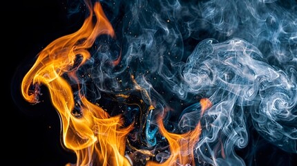 Fototapeta premium Fiery Red and Orange Flames Burning Against a Black Background, Dramatic Abstract Fire Texture with Intense Heat, Glowing Light, Smoke and Powerful Inferno Energy