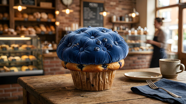 Surreal photo of a baked blueberry muffin top expanding into a real plush tufted velvet upholstery cushion, representing the literal softness, comfort, and indulgence of homemade baked goods and pastr