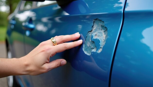 Person hand touches deep paint scratch, metal dent on blue car door panel. Individual inspects vehicle bodywork damage near handle surface. Automotive repair expert checks crash collision impact