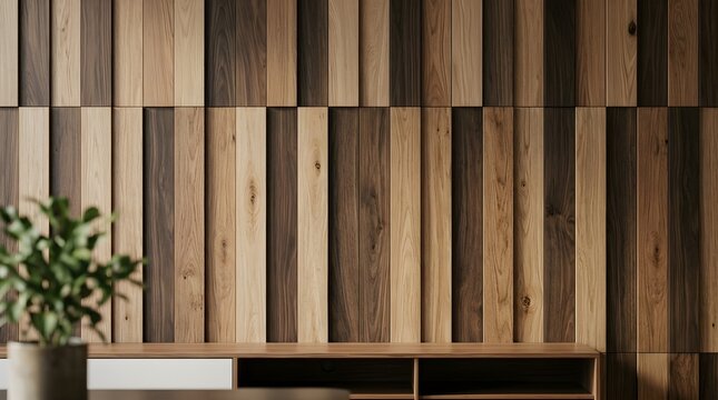 Modern wooden wall paneling with vertical slats, elegant oak and walnut timber texture background, contemporary interior decor for home office