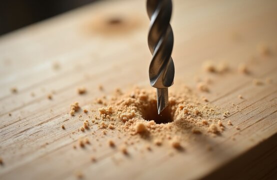 Metal drill bit makes hole in wooden plank. Sawdust flies around tool creating new opening. Carpenter uses equipment for construction project. Process of making timber structure.