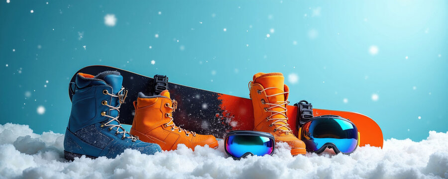Snowboard boots and goggles rest on snow beside snowboard. Winter sports gear ready for downhill ride. Blue sky background with falling snowflakes perfect for outdoor adventure.