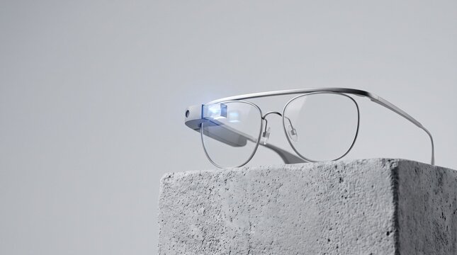 Modern smart glasses with augmented reality display resting on a gray concrete block in a minimalist studio setting for futuristic wearable technology concept