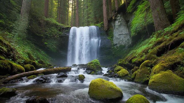 Tranquil forest stream flowing through lush greenery
