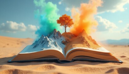 Fototapeta premium Open book on desert sand with magical mountain landscape. Fantasy tree grows from pages with colorful smoke explosions. Surreal literature concept for education, reading adventure. Creative design