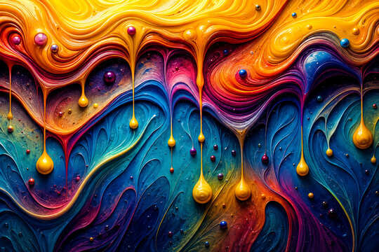 Vivid colors are blending and dripping down in an abstract design, creating a mesmerizing effect. The combination of warm and cool tones gives a dynamic and vibrant feel.AI generated.