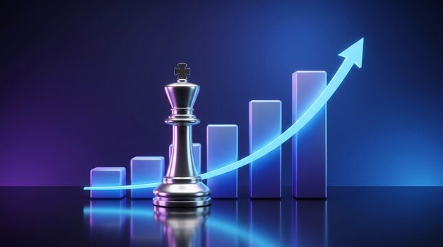 Metallic king chess piece stands proudly before ascending blue bar charts indicating financial growth, success, leadership, and professional corporate strategy