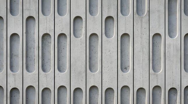 Brutalist concrete wall with vertical pill-shaped cutouts, modern architectural facade texture, gray cement pattern for urban backgrounds.