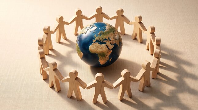 Wooden mannequin people holding hands in a circular formation around a realistic glowing earth globe captured from high angle