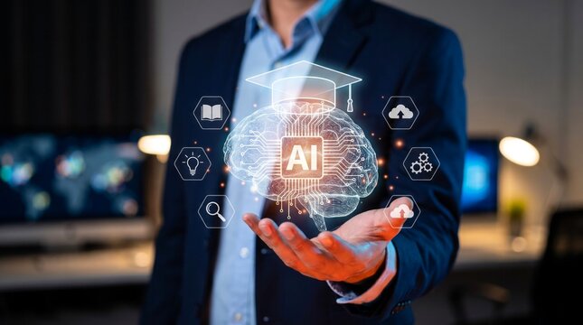 Professional businessman holds glowing artificial intelligence brain icon featuring an academic cap inside a dark modern corporate office studio space