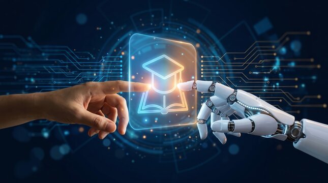 Human hand and robotic hand touching a bright digital graduation cap icon representing artificial intelligence driven modern academic learning systems