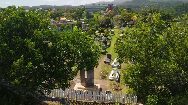 Aerial drone rises above treetops revealing Leapers Hill Cemetery rows of white tombstones and coastal buildings in Grenada