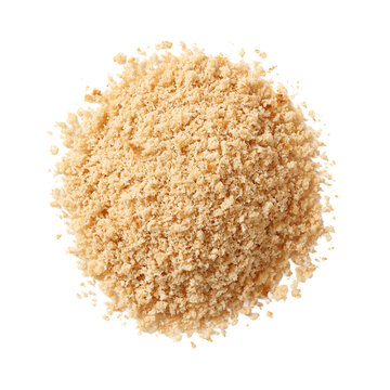 Pile of golden toasted breadcrumbs isolated on a transparent background, top view