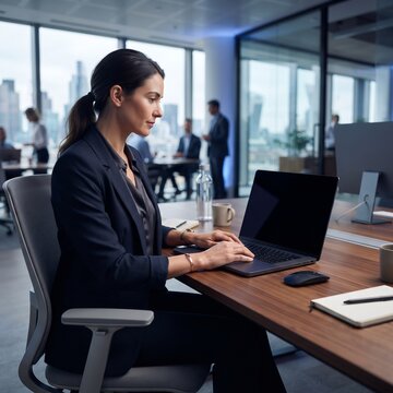 A focused businesswoman works intently on her laptop in a modern, well-lit office environment with a city skyline visible through the large windows.