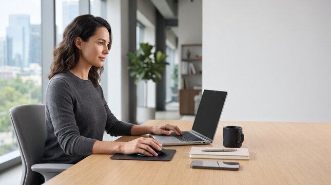 A focused professional woman works diligently on her laptop at a wooden desk in a modern office, bathed in natural light from a large window overlooking a cityscape.