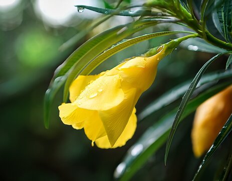 close up of a yellow oleander flower bud with water droplets hanging from a green branch in a garden lush tropical foliage and soft natural lighting create a fresh spring or summer atmosphere