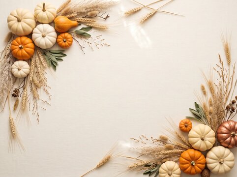 Autumn harvest flat lay with pumpkins and wheat on textured background, thanksgiving concept, copy space