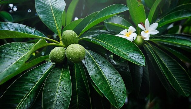 lush cerbera odollam tree branch with green fruits and white flowers tropical foliage covered in water droplets after rain natural background of vibrant green leaves in a garden