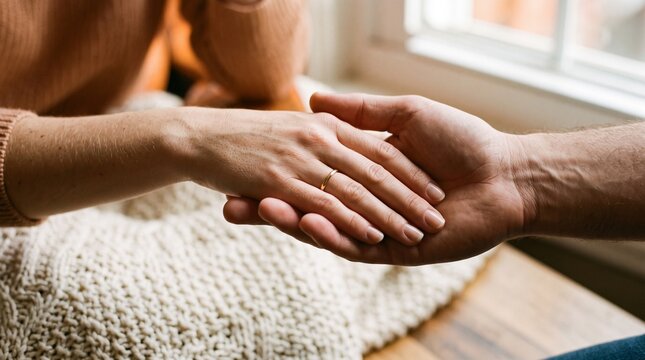 Couple holding hands with wedding ring close up showing connection and love