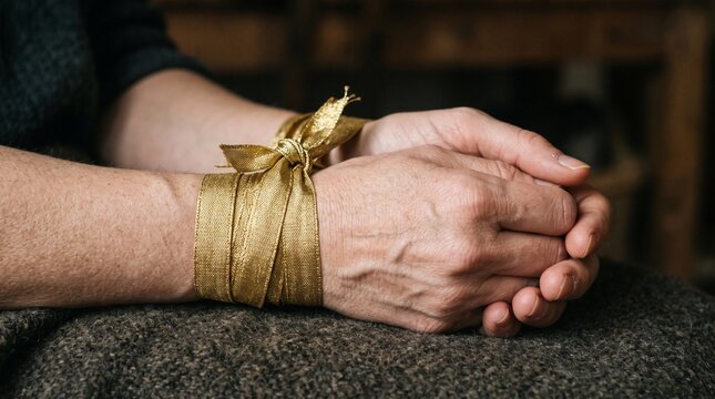 Person with hands tied with golden ribbon symbolizing restriction and confinement