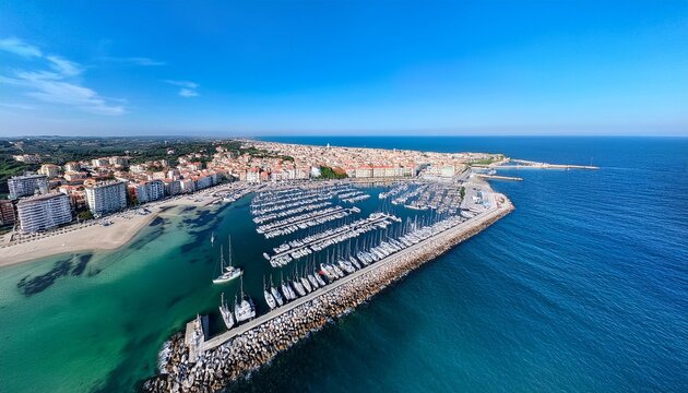 aerial view of a scenic coastal town and its large bustling marina packed with rows of white boats and luxury yachts docked in calm blue sea waters on a bright sunny day it is nettuno in italy