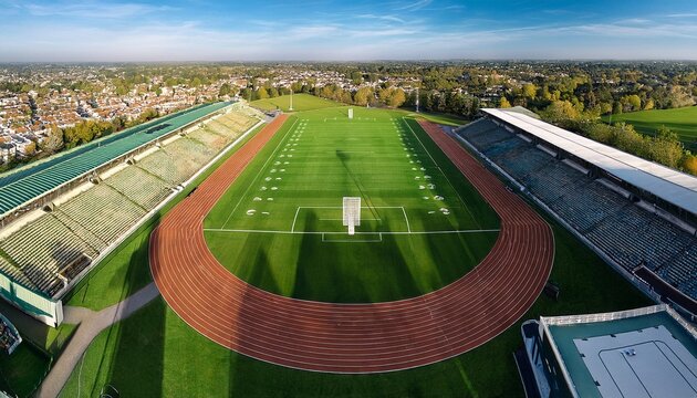 perpendicular aerial view of an artificial turf rugby field the sports facility is empty