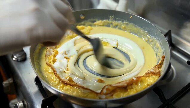 appetizing 4K culinary close-up documents the meticulous preparation of Eggs Benedict specifically focusing on the moment hollandaise sauce is carefully blended and stirred with a metal spoon inside