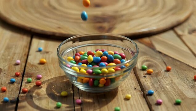 Playful 4K slow motion video capturing a colorful stream of multi-flavored jelly bean candies cascading into a clear glass bowl resting on a rustic wooden table