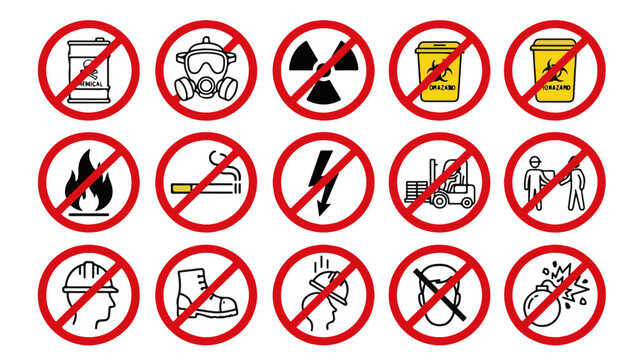Radiation and hazardous material prohibition icons displayed in red-circled formats for safety compliance.