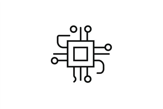 Line art computer processor icon with circuit connections isolated on white background for technology and system design.