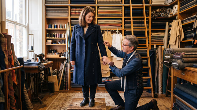 Tailor fitting a dark blue coat on a woman in a fabric shop