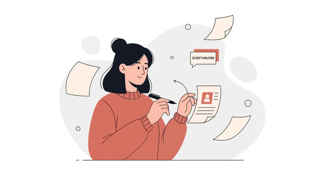 Creative scriptwriter working on a document with scattered papers and a speech bubble saying SCRIPTWRITER