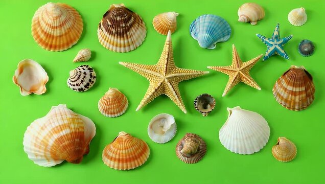Creative 4K stock video featuring a symmetrical flat-lay layout of diverse natural ocean seashells displayed against a vivid green backdrop ideal for summer art concepts
