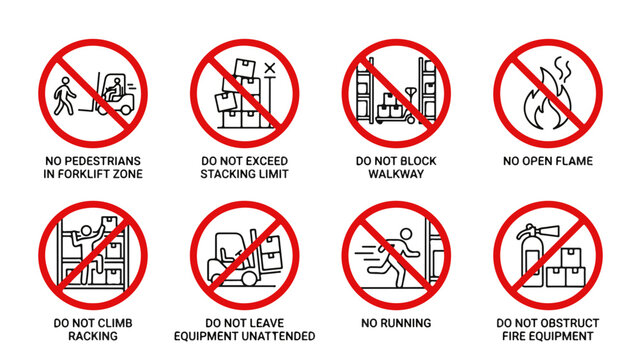 Collection of sixteen prohibited equipment and activity icons with red diagonal strike-throughs.