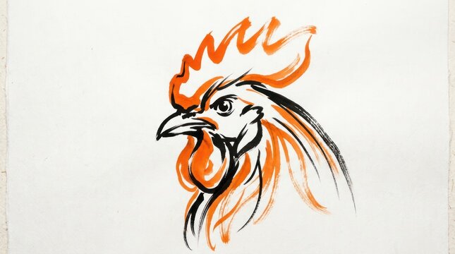 Stylized rooster head illustration in orange and black