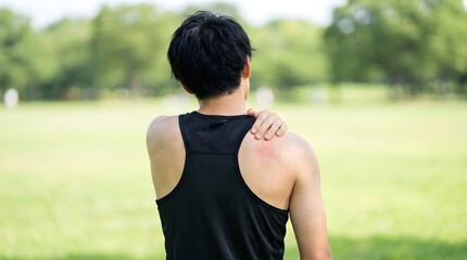 Fototapeta premium Young man in black sportswear touching his aching shoulder blade while standing outside in a bright sunny green park setting