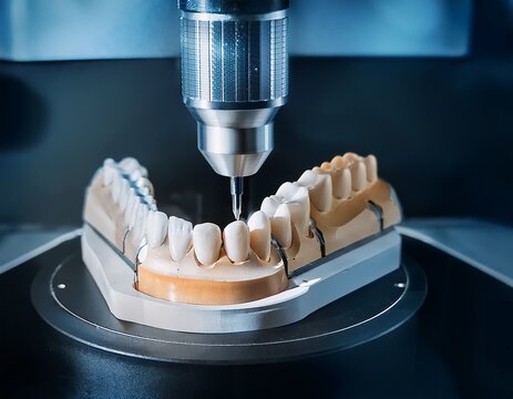 automated dental milling machine carving zirconia crowns in cad cam system illustrating high precision digital dentistry cnc prosthetic production oral restoration technology and modern dental lab