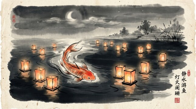 Fish and lanterns on water at night
