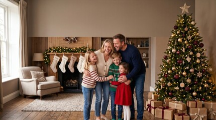 Fototapeta premium Joyful Family Hugging Near Decorated Christmas Tree and Fireplace with Stockings