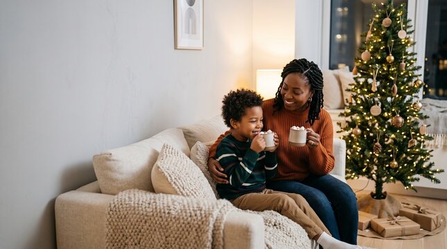 Mother and son enjoy hot chocolate by a decorated Christmas tree in a cozy living room setting