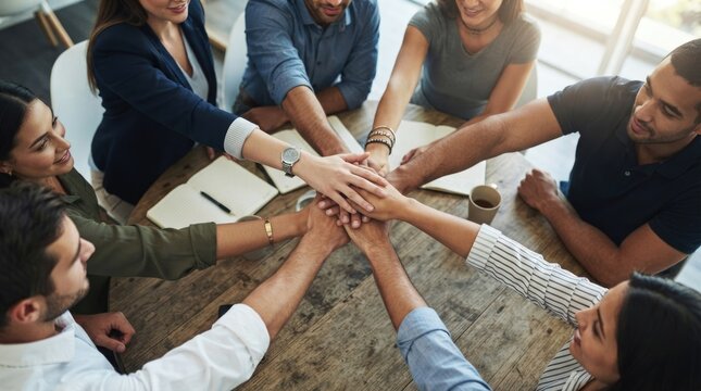 Diverse Coworkers Stacking Hands Together During Teamwork Meeting in Modern Office