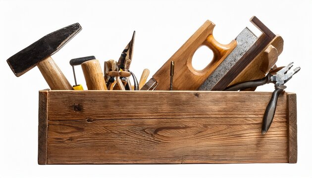 old carpenter wooden toolbox with tools isolated isolate on transperent background