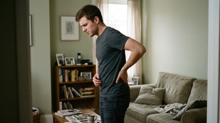 Obraz premium Young Man Suffering from Lower Back Pain While Standing in Living Room at Home