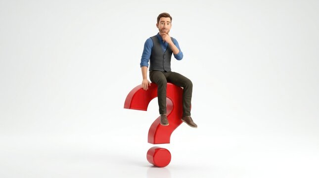 Thoughtful 3D Cartoon Man Sitting on Large Red Question Mark on White Background