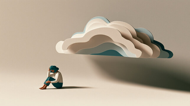 Tired person sitting under paper clouds in a minimalistic style