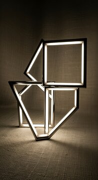 Geometric objects, side rim light, deep block shadows, linen-textured background