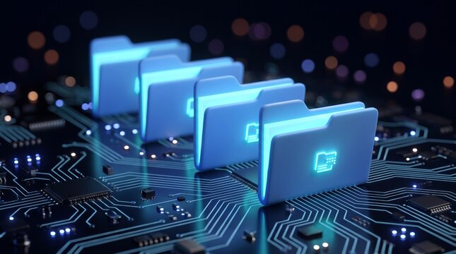 Glowing blue digital folders stand in a neat row upon a complex dark electronic circuit board with bright neon lights