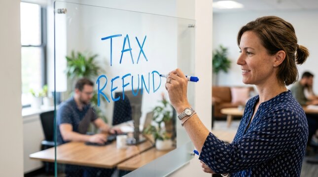 Businesswoman Writing Tax Refund Message on Glass Board in Modern Office