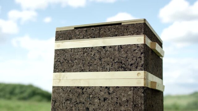 Expanded cork insulation block with wooden battens against blue sky